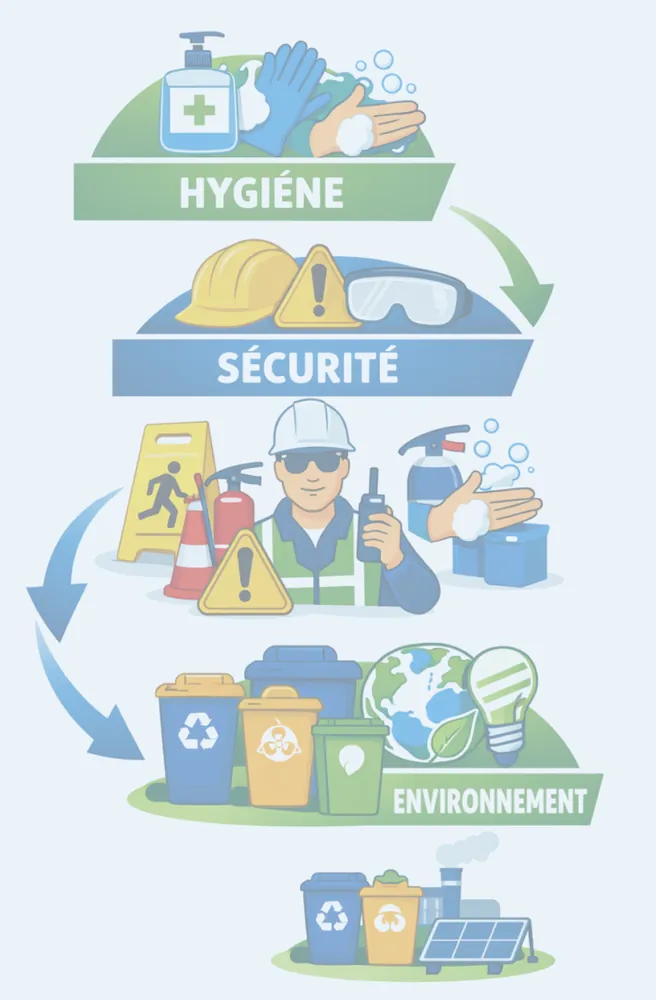 Illustration of the three training themes: hygiene, safety and environment